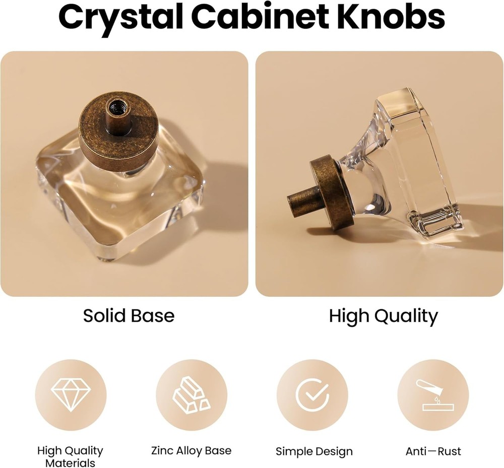 4 Pack Vintage Antique Brass Cabinet Knobs, Clear Crystal Drawer Knobs for Ki...