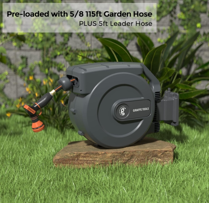 Giraffe Tools Retractable Garden Hose Reel Wall Mount 5/8-IN 115-FT with Nozzle