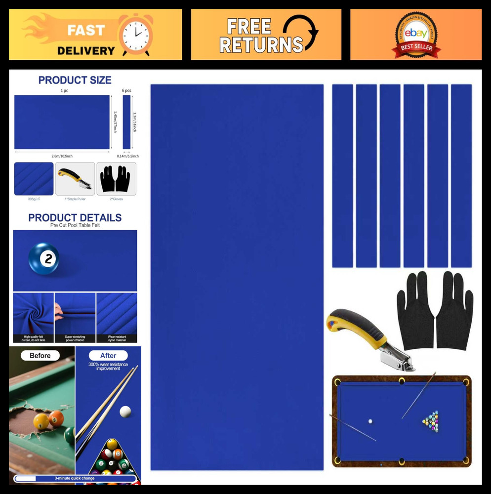 8ft Pool Table Felt Replacement Kit - Billiard Cloth, Gloves, Strips & Tools