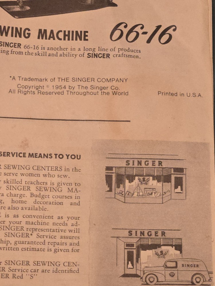 Vintage Instructions for using Singer Sewing Machine 66-16 Has Stain On Front!