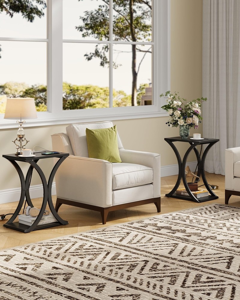 Small Round Side Table and End Table with Charging Station Bundle, Drink Tabl...