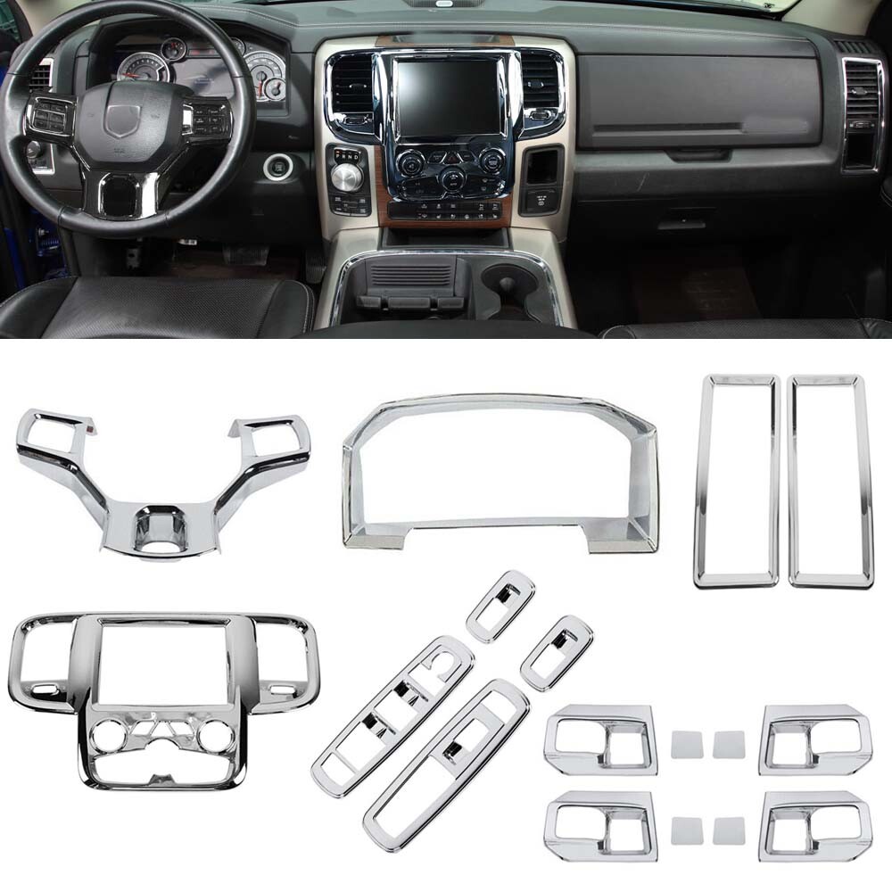 13x Chrome Interior Dashboard Decor Cover Trims Kit For Dodge Ram 1500 2010-2017