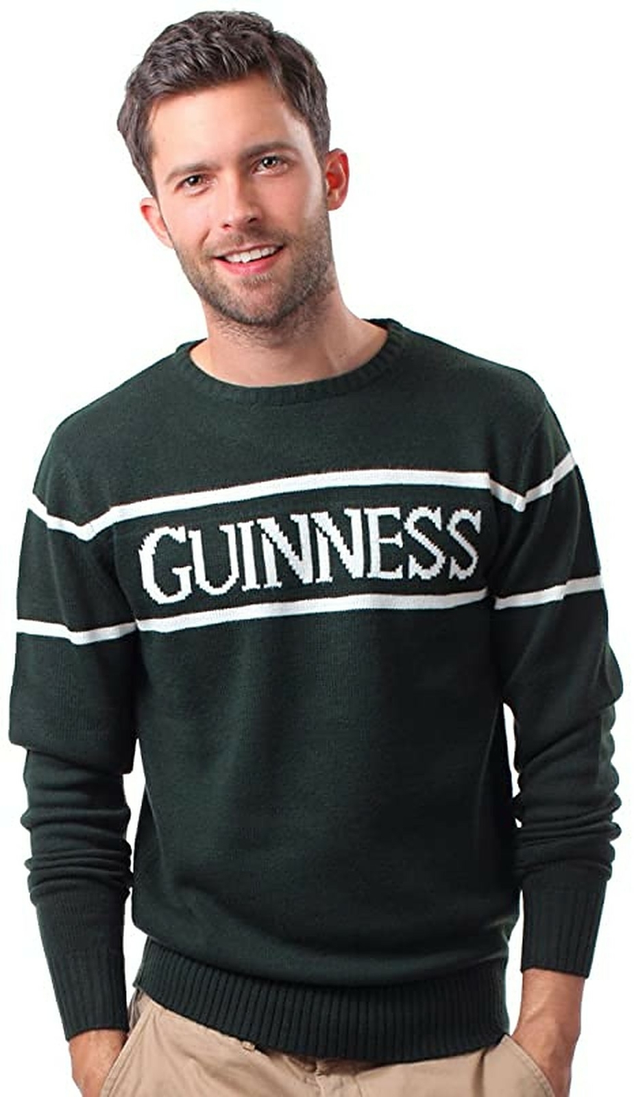 Guinness Men's Sweater Bottle Green Irish Crew Neck Knitted Pullover