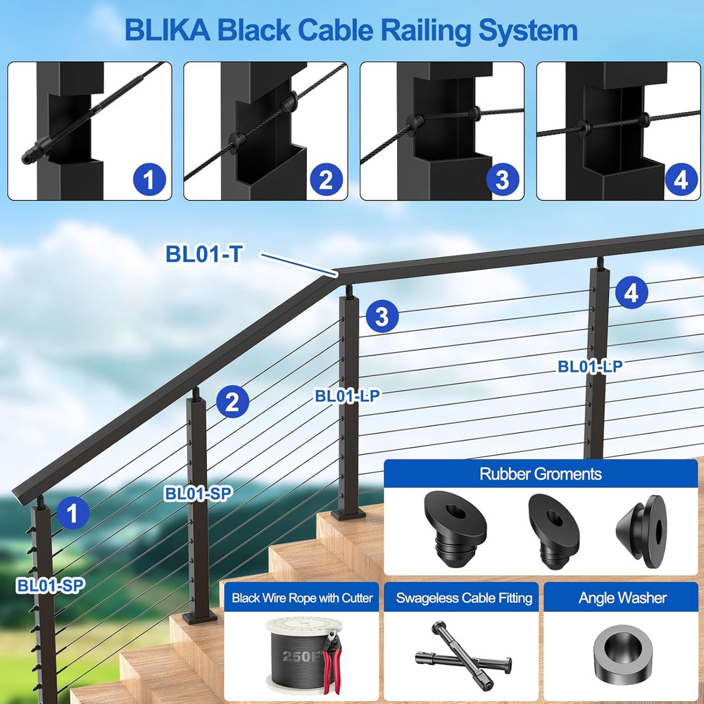 8FT Stainless Steel Cable Railing Handrail, Black Rectangular Handrail Flat Top