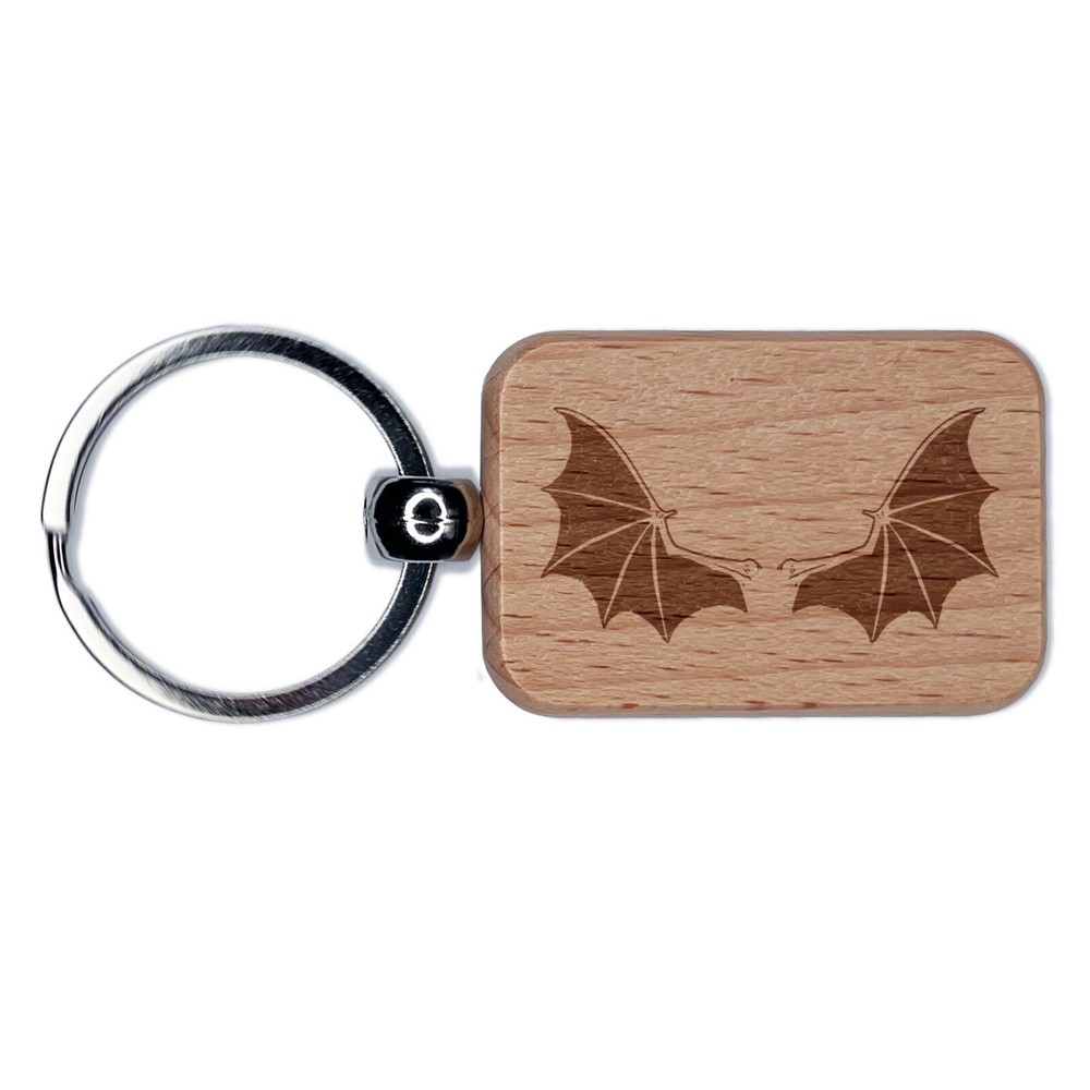 Bat Demon Devil Wings Engraved Wood Rectangle Keychain Tag Charm
