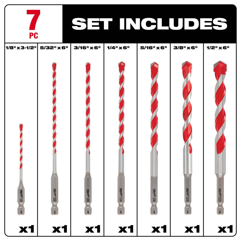 Milwaukee 48-20-9057 SHOCKWAVE Hex Shank Large Carbide Hammer Bit Kit - 7 pc
