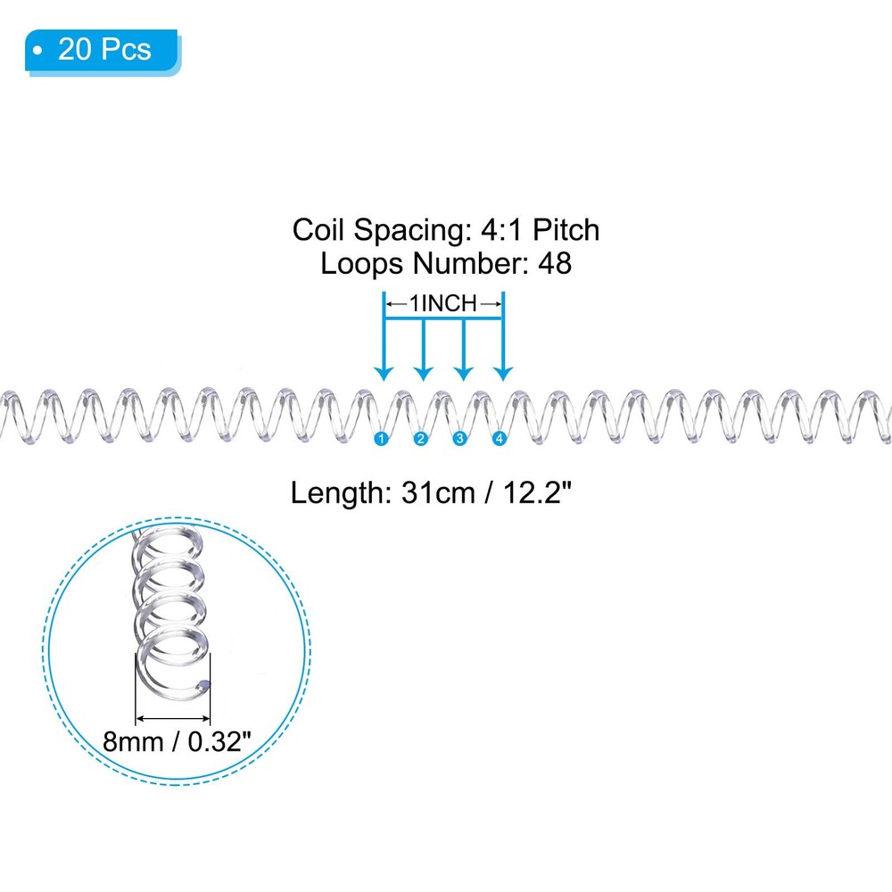 8mm5/16" Plastic Spiral Binding Coils 20 Pcs Binding Spirals 40 Sheet Capacit...