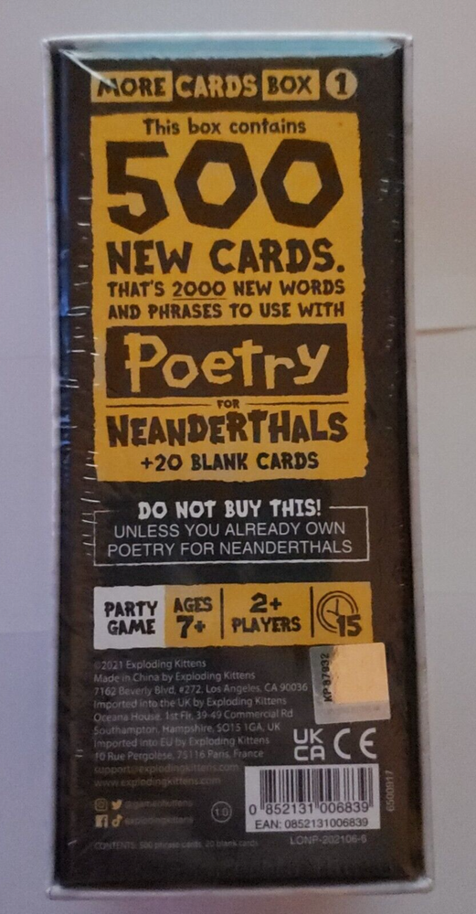 Exploding Kittens - Poetry for Neanderthals - More Cards Box 1 - 500 ct - NEW