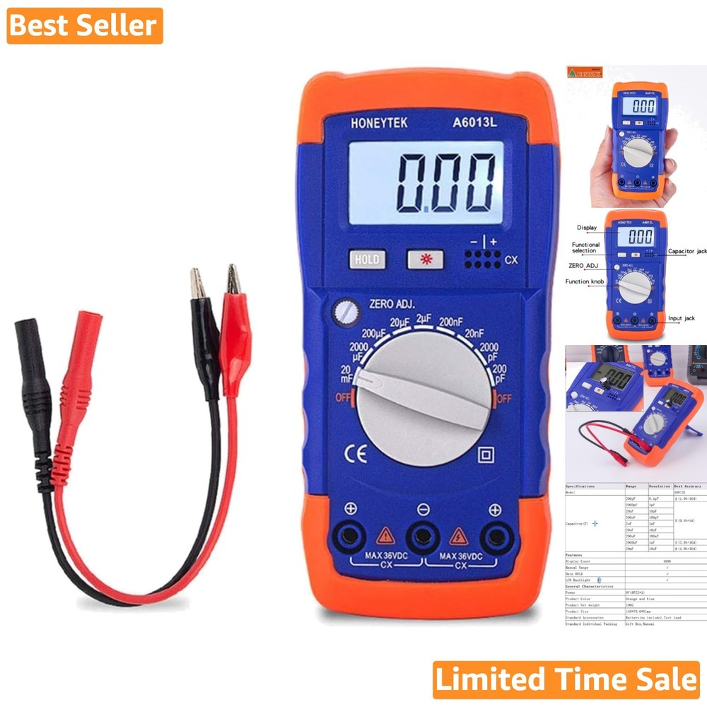 Portable LCD Capacitance Meter - Measures 200pF to 20mF with Data Hold Feature