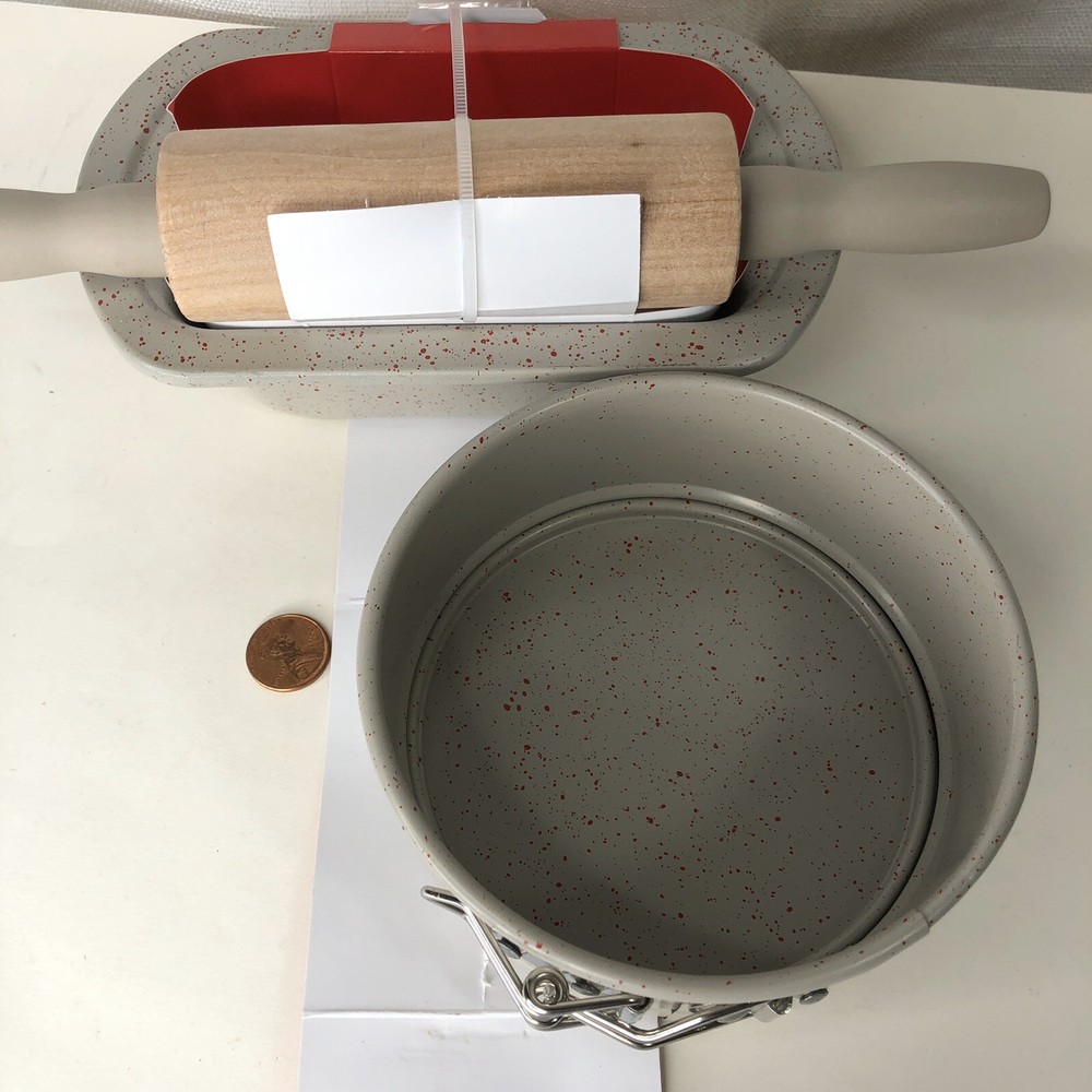 White & Red Speckled 3-Piece Mini Bakeware Set Spring Form Pan Loaf Rolling Pin