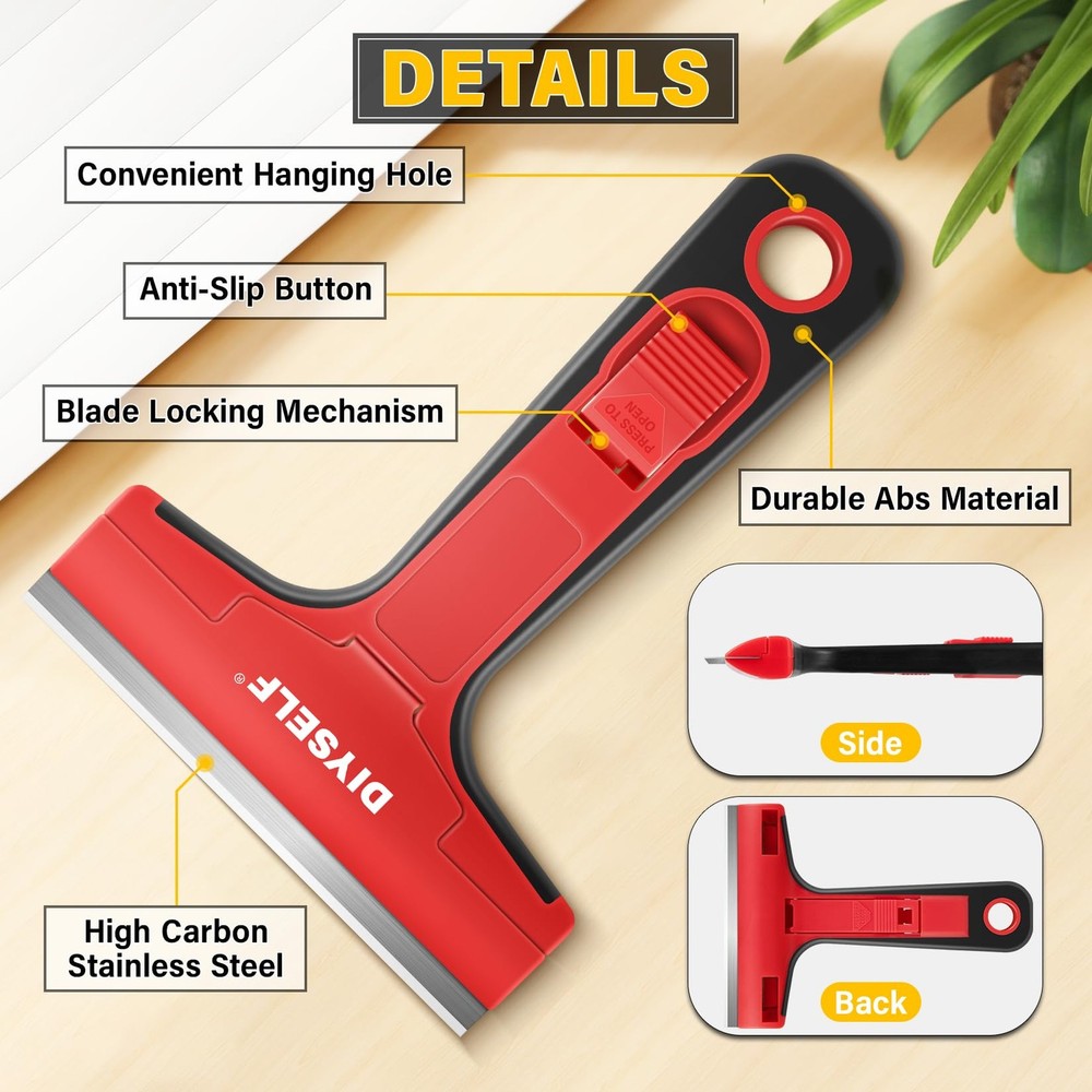 DIYSELF Razor Blade Scraper, 1 Pack Scraper Tool with 10PCS Metal Blades, Red