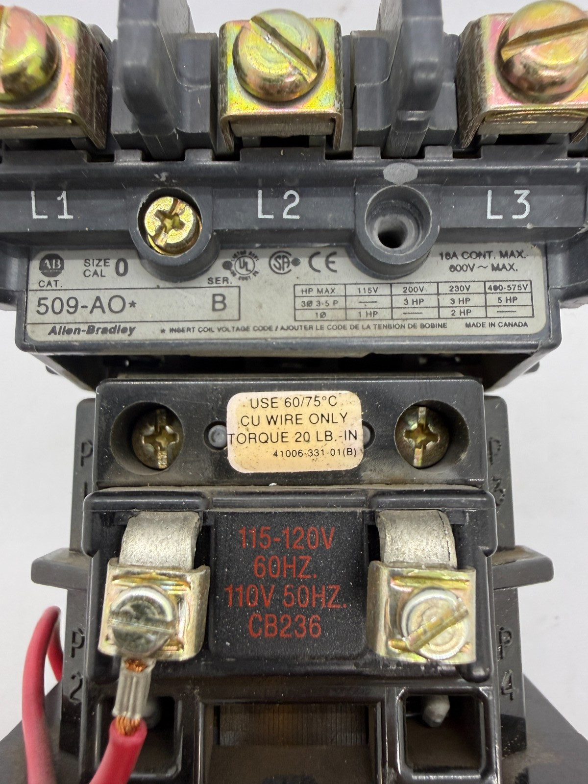 509-AOD Allen-Bradley Motor Starter Contactor 5 HP 600 VAC 18 amps. Size 0 (Z2)