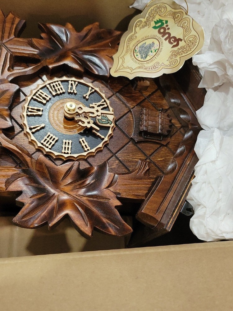 German Black Forest Cuckoo Clock with Five Leaf One Bird 13" Walnut Stain