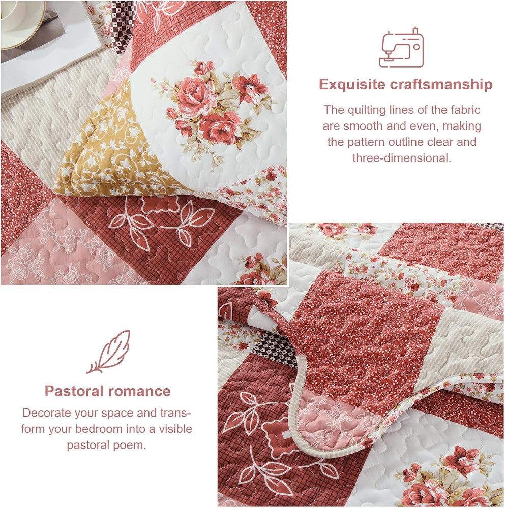 Romantic Pink Quilt Set Queen Size, Reversible Floral Plaid Patchwork Pattern Be
