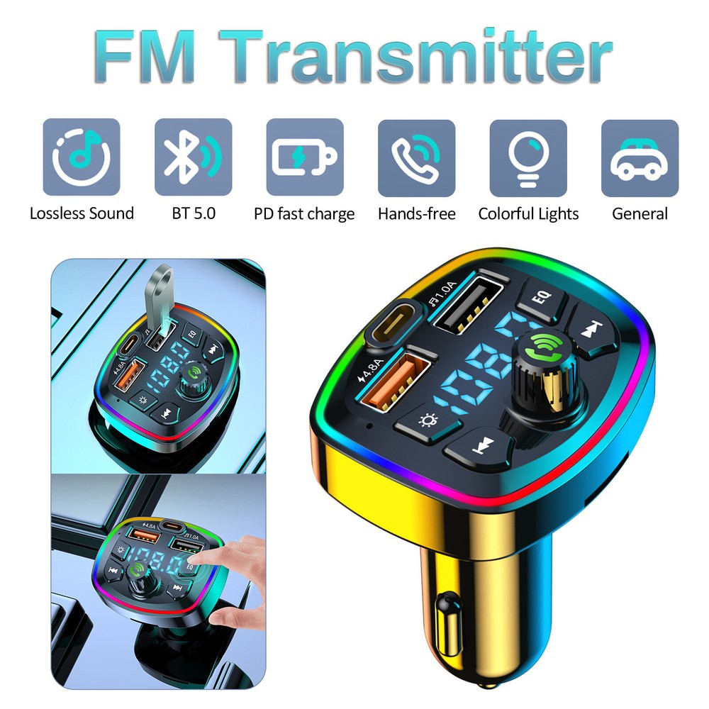 Bluetooth 5.0 Car Wireless FM Transmitter Adapter 2USB + PD Fast Charger MP3 AUX