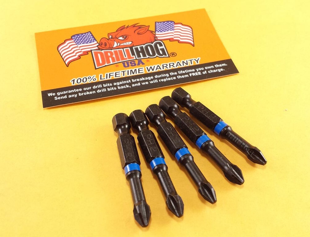 Drill Hog® #2 Phillips Insert Bits 2x2 Power Bits Impact Lifetime Warranty 5 Pc