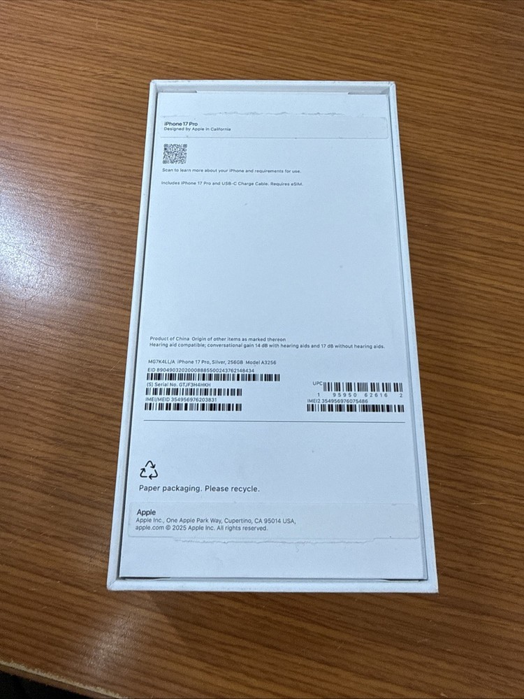 Apple iPhone 17 Pro Empty Retail Box Silver 256GB OEM