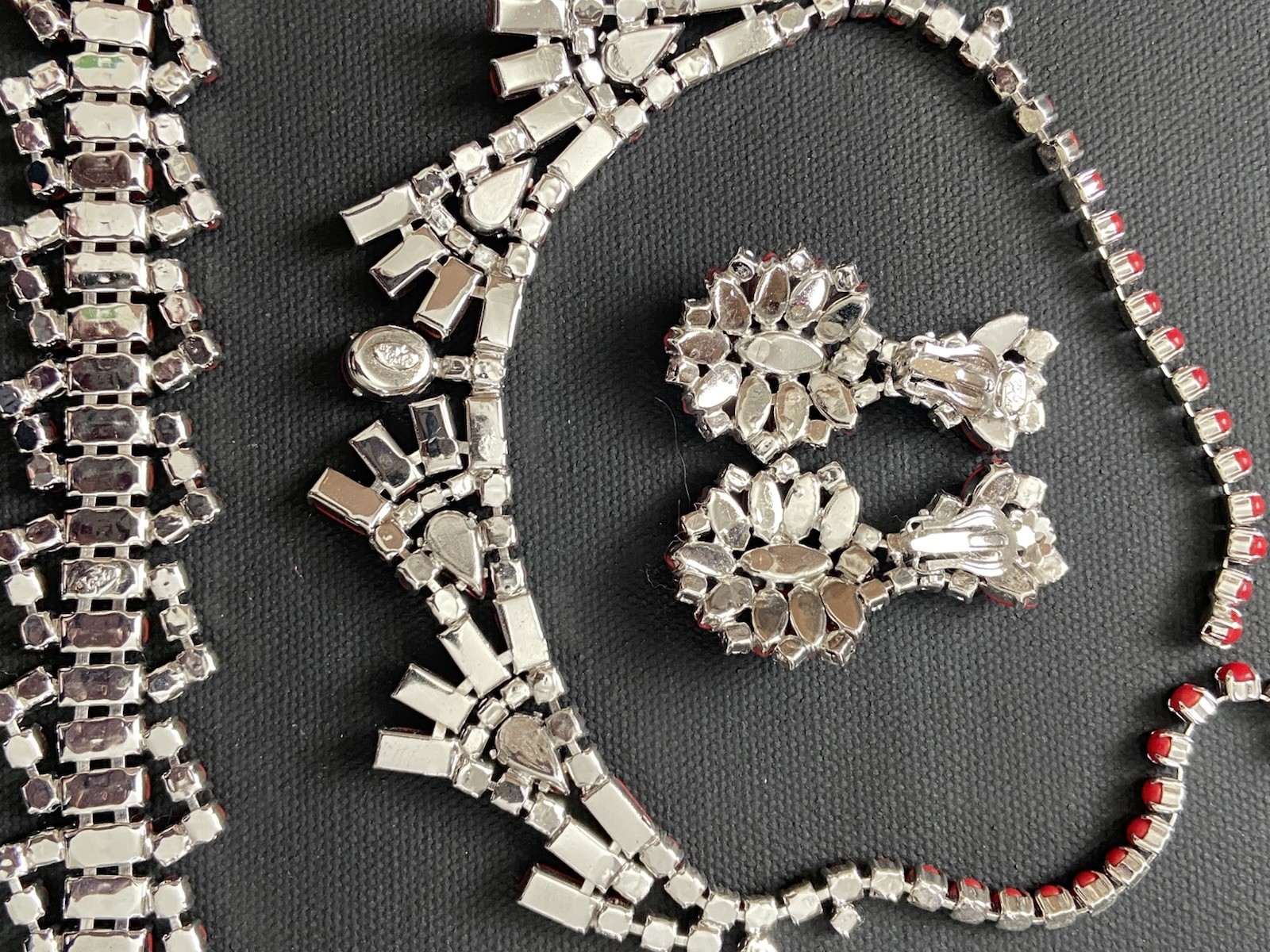 Vintage By Gale Demi Parure Deep Red Rhinestone Choker Bracelet Clip Earrings