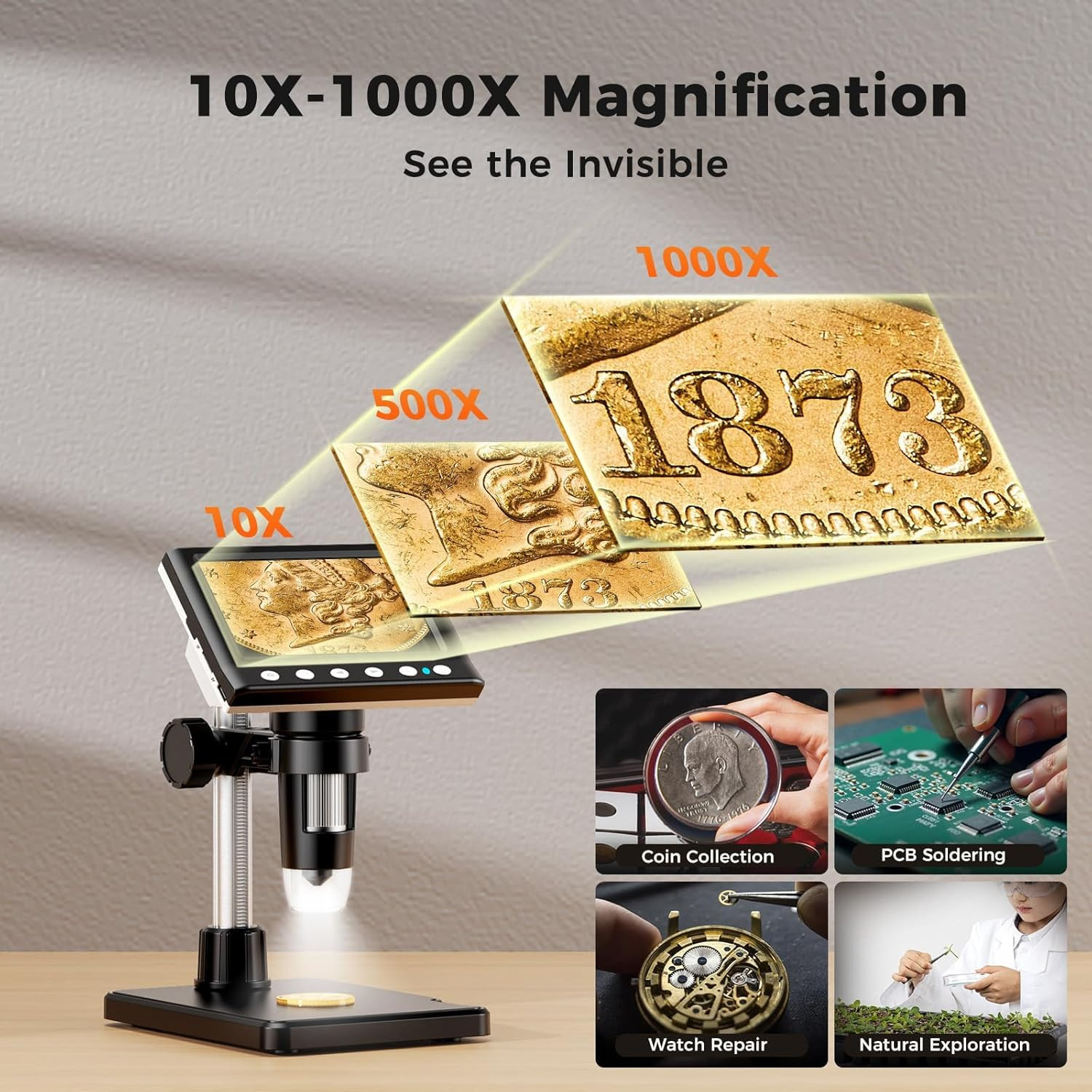 4.3 Inch LCD Digital Coin Microscope, 1000X USB Magnifier with 8 Adjustable LED