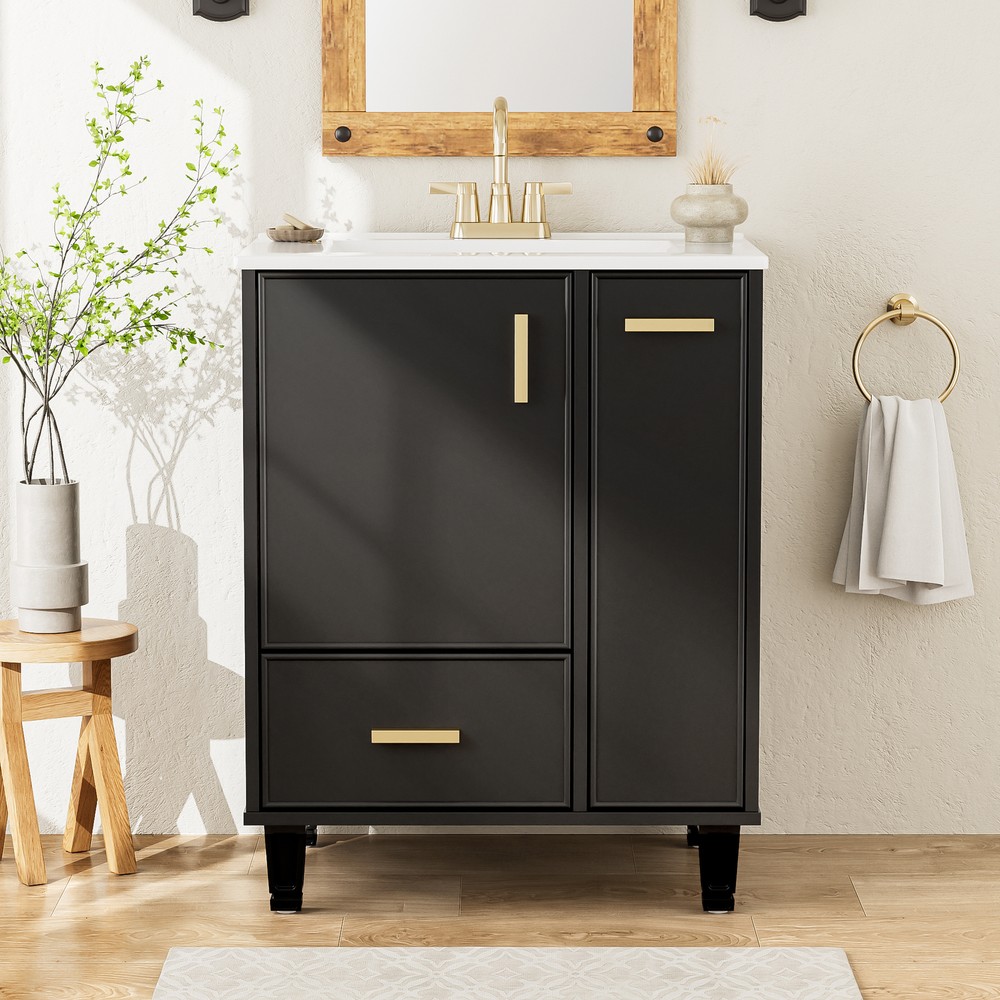 Bathroom Vanity with Ceramic Sink Solid Wood Frame Storage Cabinet Deep Drawer