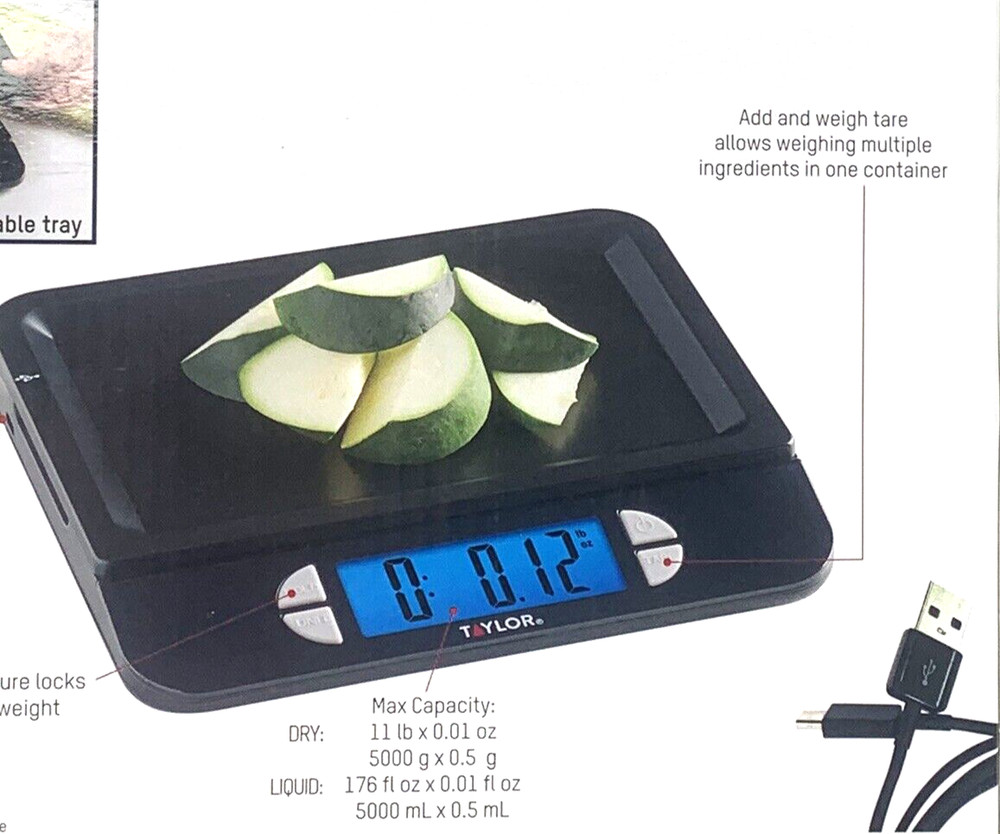 Taylor Kitchen Digital Scale Max 11 Lb. USB Rechargeable Multi-Function Black