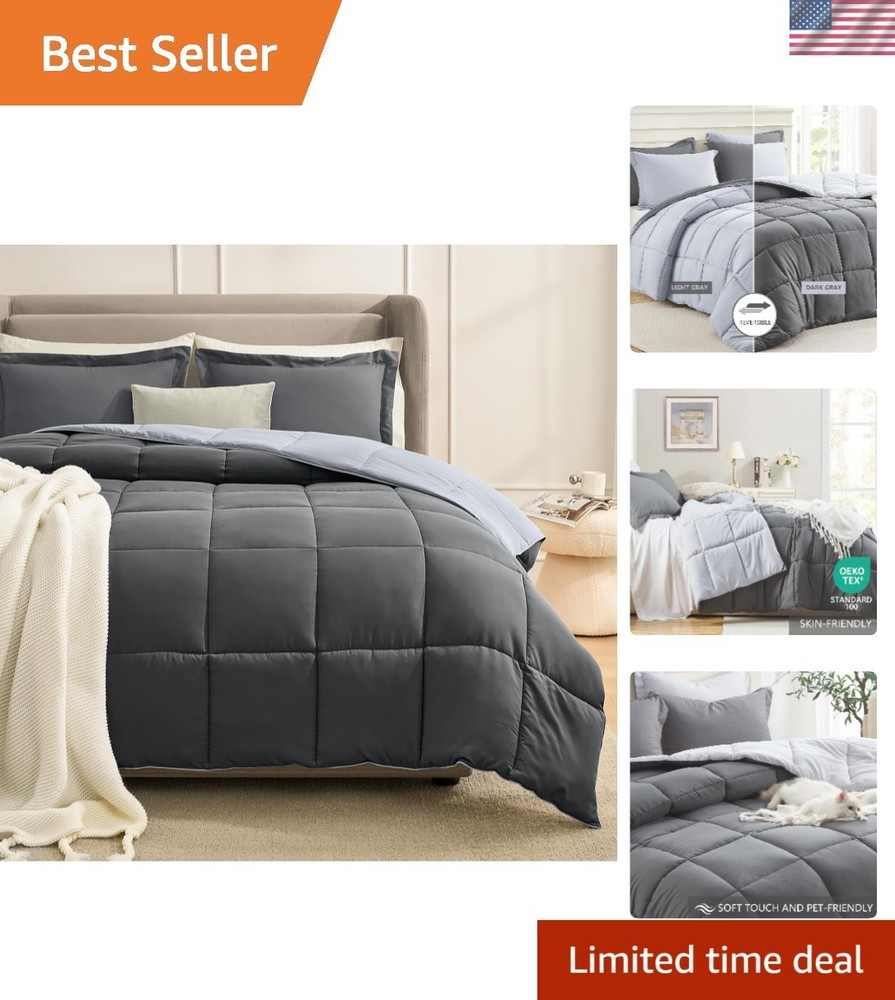 Luxurious Lightweight Grey/Light Gray Reversible Comforter Set - Queen Size