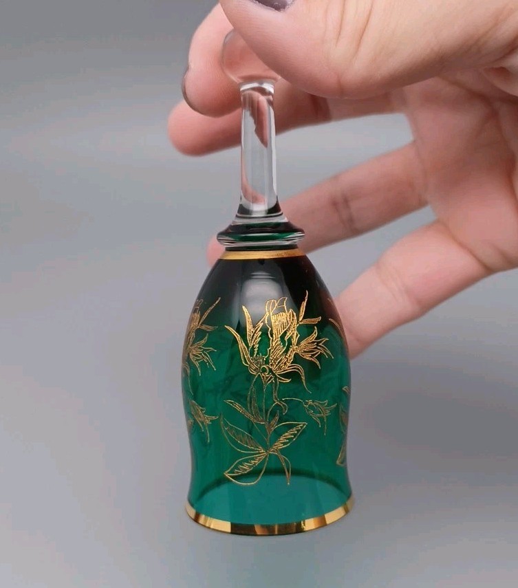 Bohemia Crystal Bell Green With Gold Etching