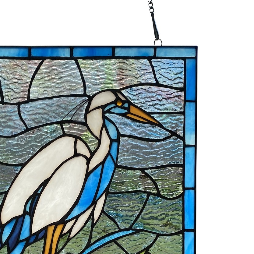 18" White & Blue Crane Stained Glass Window Panel