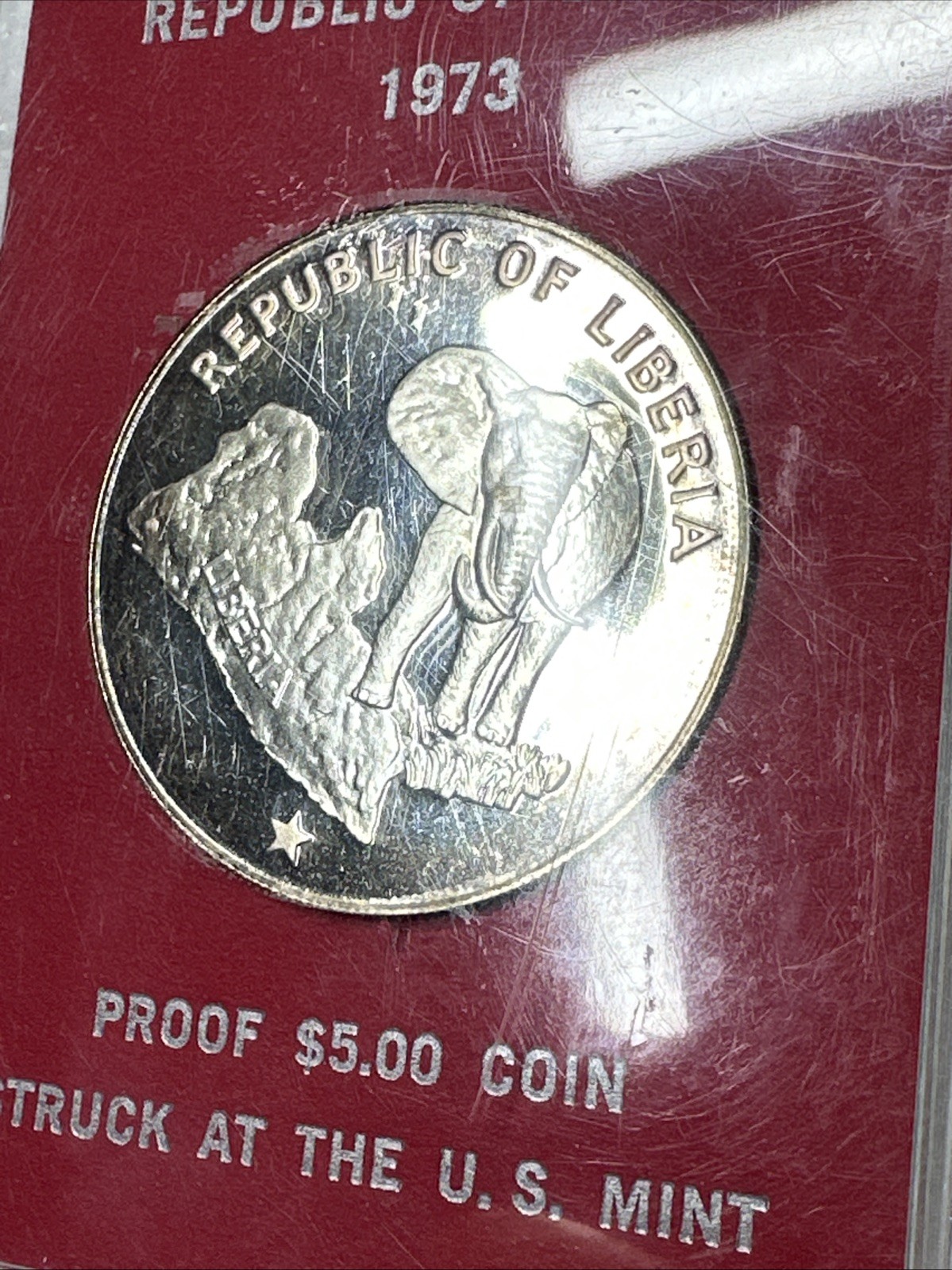 1973 LIBERIA - 5 DOLLARS - ELEPHANT - 1 Oz PROOF SILVER CROWN - US MINT RED CASE