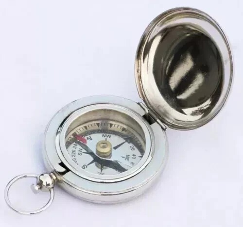 Pocket Compass Adventure Gift Handmade Vintage Silver Nautical Solid Brass