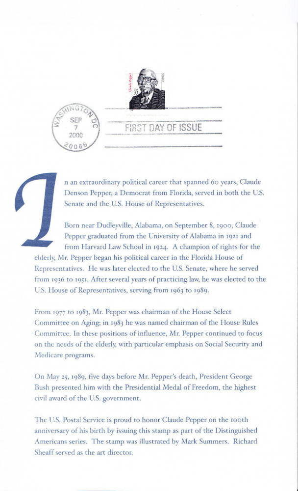 USPS First Day Ceremony Program #3426 Claude Pepper House Senate Florida 2000