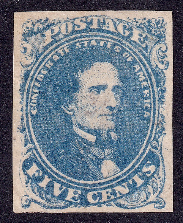 US Scott Confederate 4, 1862 Davis, 5c blue, UNUSED NG