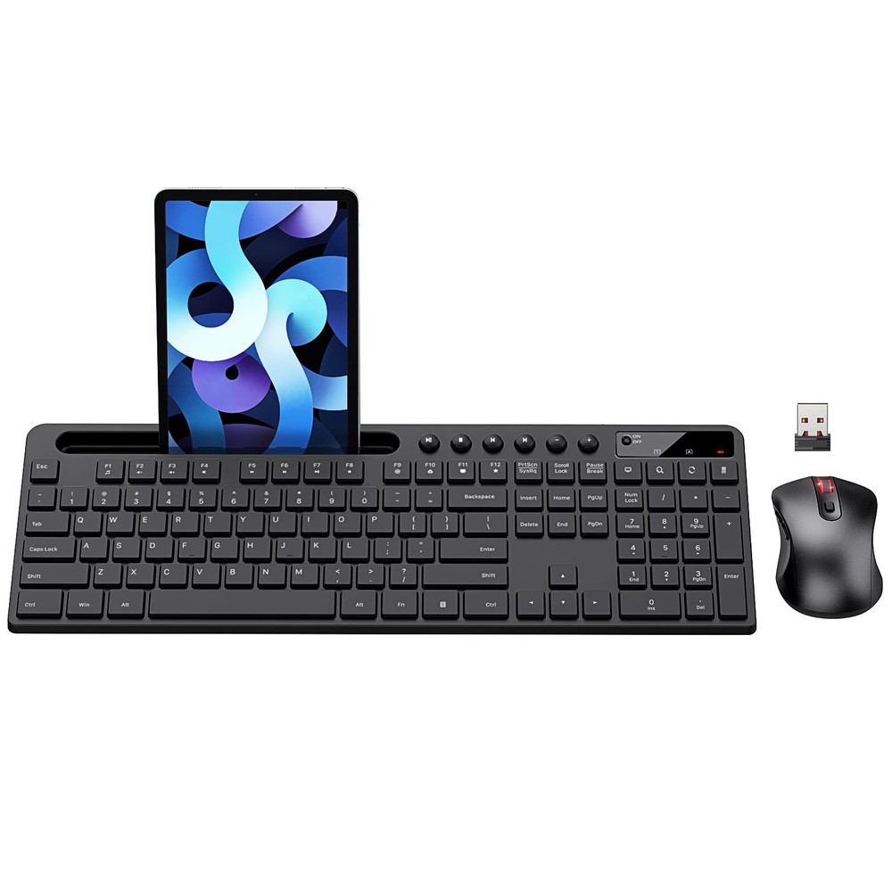 Ergonomic Wireless Keyboard Mouse Combo with Phone Tablet Holder Black