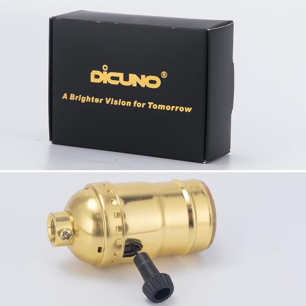 UL Listed E26 3-Way Lamp Socket Replacement with Turn Switch Knob, Gold, 2-Pack