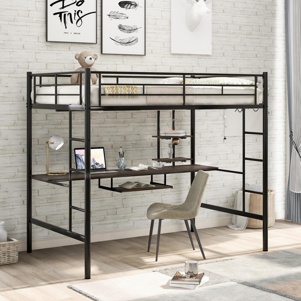 Full Size Bed Frame Loft Bed with Desk and Shelf , Space Saving Design Black