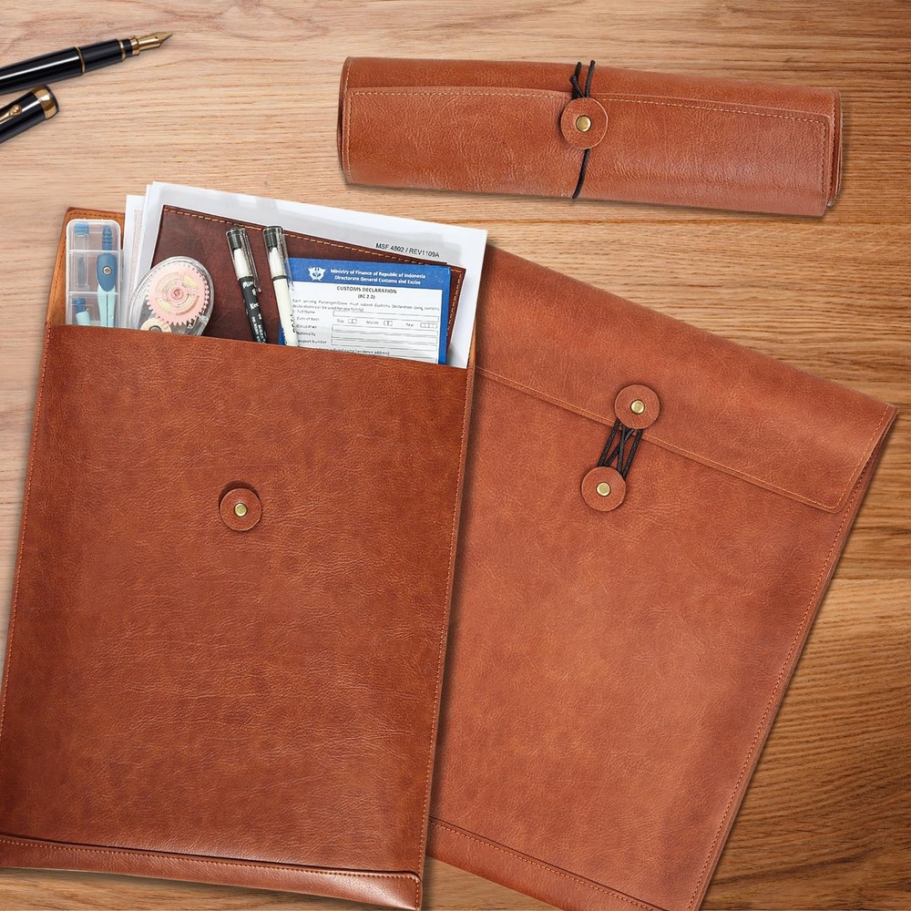 Brown PU Leather File Folder for Documents,Important Document Folder with Str...