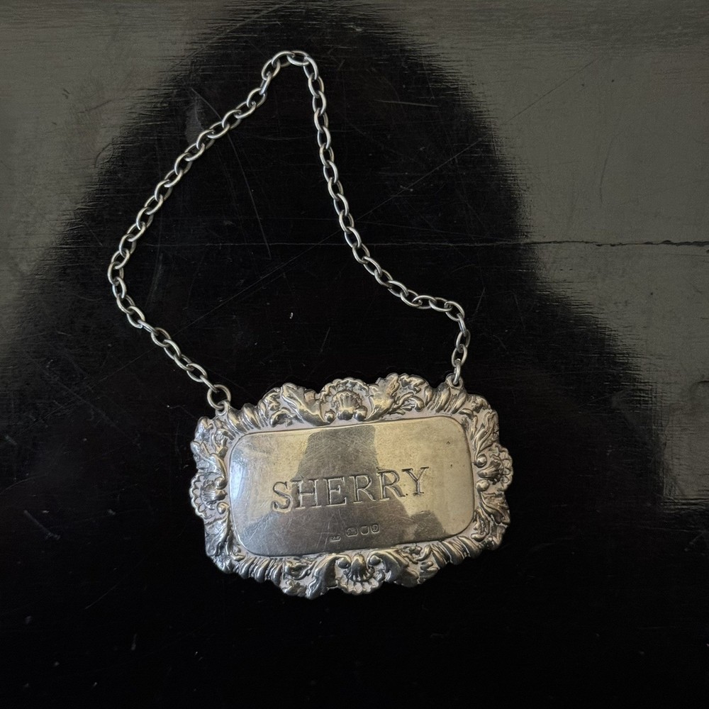 Hallmarked Sterling Silver SHERRY Decanter Label, 1978, London, Shell Pattern