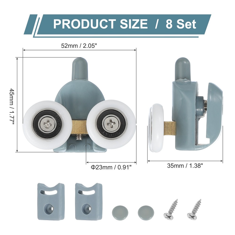 8Pcs 23mm Double Shower Door Rollers Plastic Bottom Wheels Pulleys Guide Grey