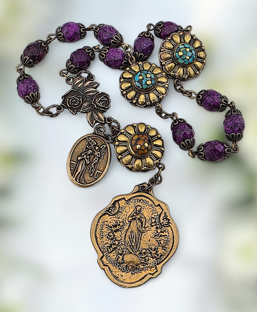 Immaculate Conception Gabriel 15 Beads Heirloom Chaplet | Bronze| Purple Jasper