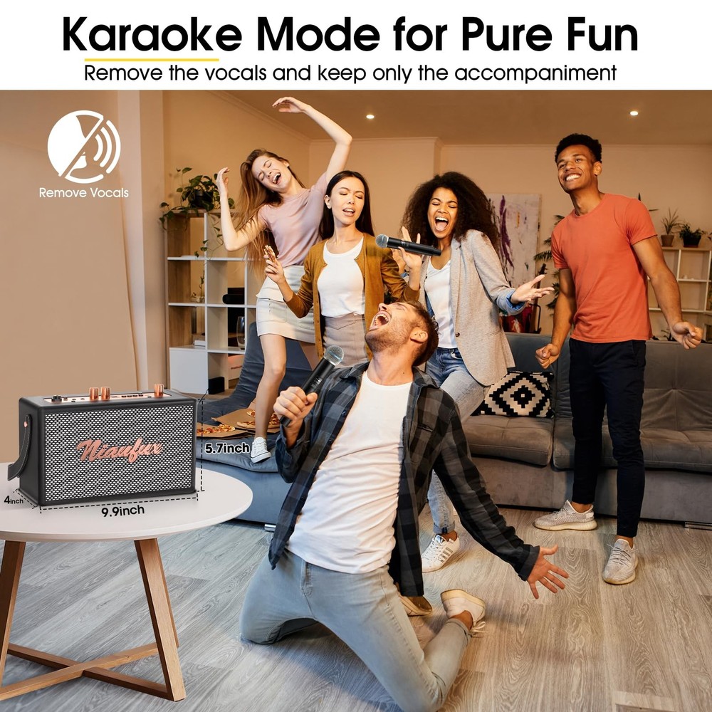 Retro Karaoke Machine: Portable Bluetooth Speaker, 2 Wireless Mics, Home Part...