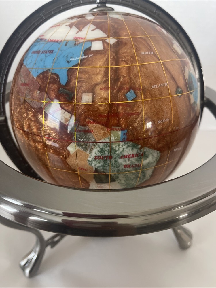 Gemstone World Globe Silver Tripod Stand Compass Manually Rotates 10” Tall