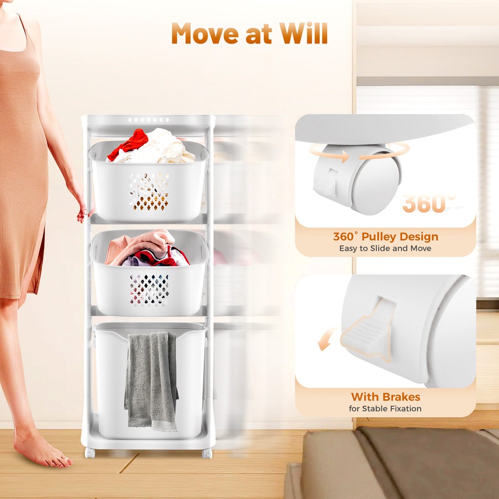 3 Layers Rolling Laundry Basket Clothes Hamper Storage Organizer Sorter Shelf