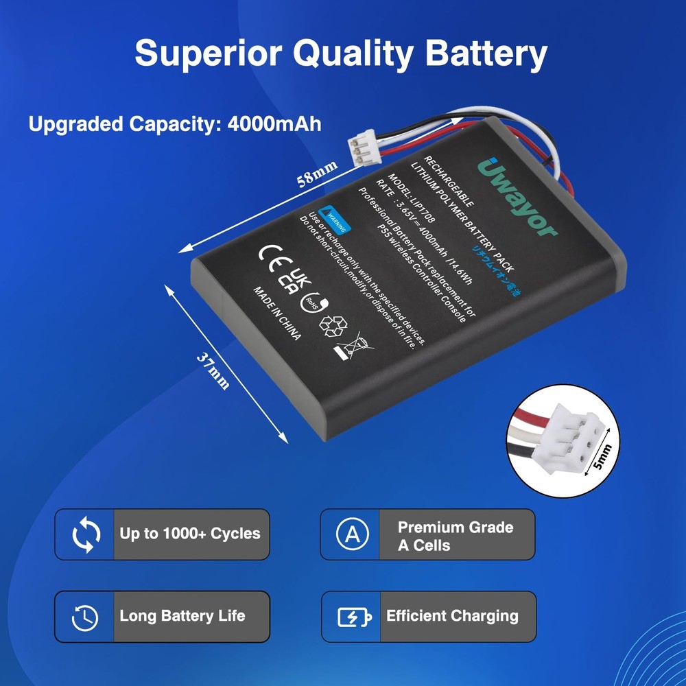 PS5 Controller Battery, 4000mAh LIP1708 PS5 Battery Replacement 2 Pack for So...