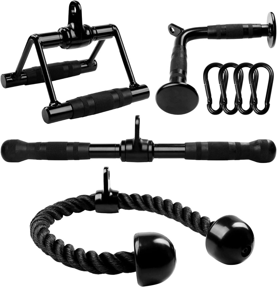 Cable Machine Attachments Set Tricep Rope V Bar Straight Bar LAT Pulldown