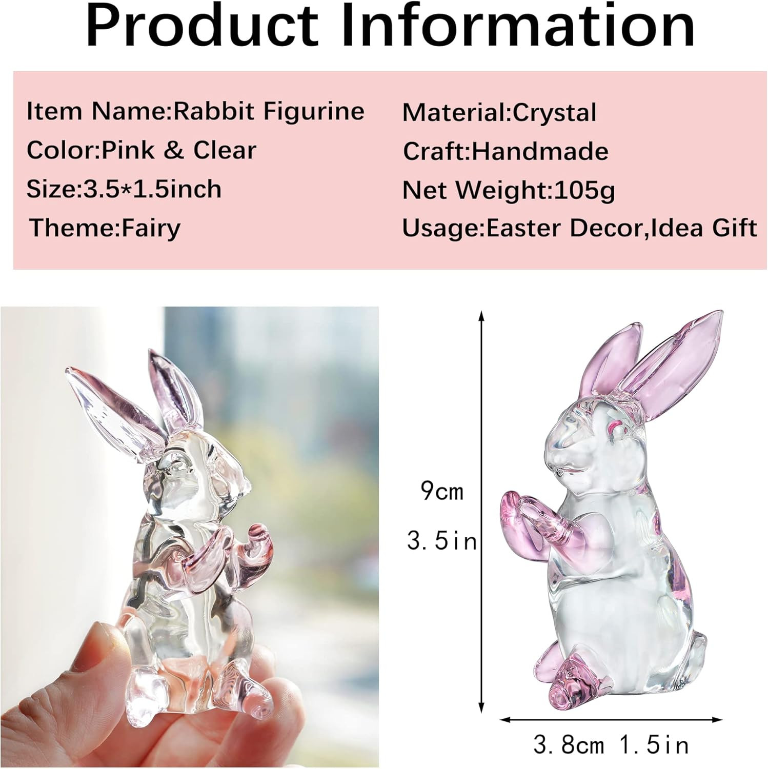 HDCRYSTALGIFTS 3.5Inch Crystal Rabbit Bunny Figurine Collectibles Spring Easter