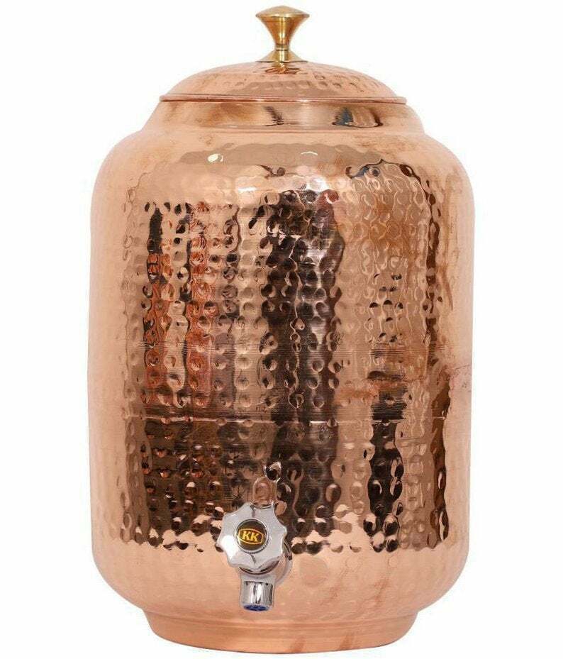 100% Pure Copper Dispenser Handmade Water Pitcher Pot 4L With 2 Serving Glass