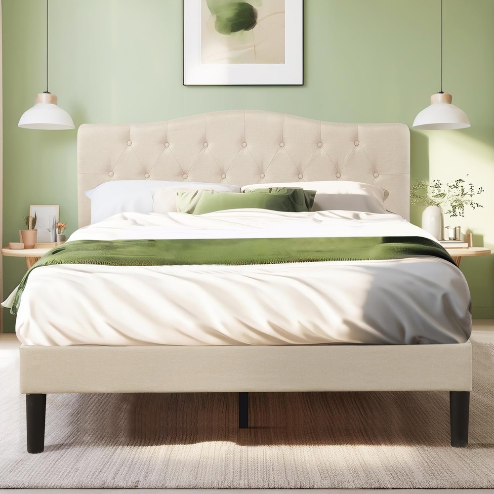 Vecelo Queen Platform Bed Frame - Beige Upholstered Headboard