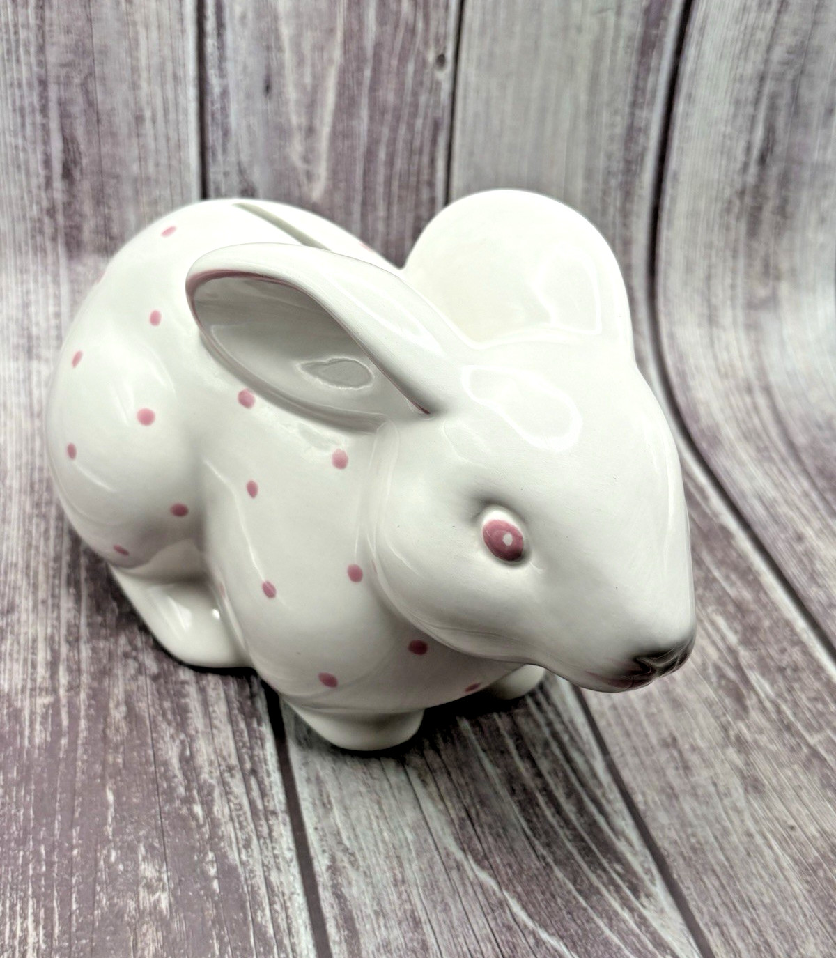 Tiffany & Co Ceramic Bunny Vintage Piggy Bank Pink Polka Dots Hand Painted Italy
