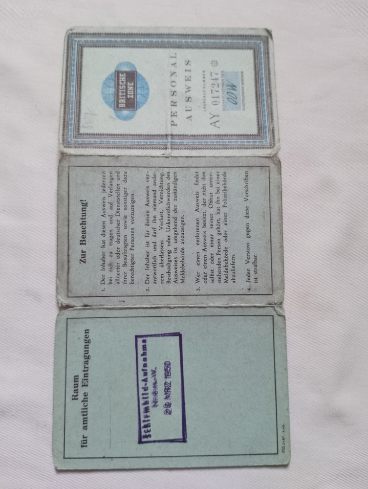 1950, Postwar Germany, identity card and work permit, British Occupation Zone.