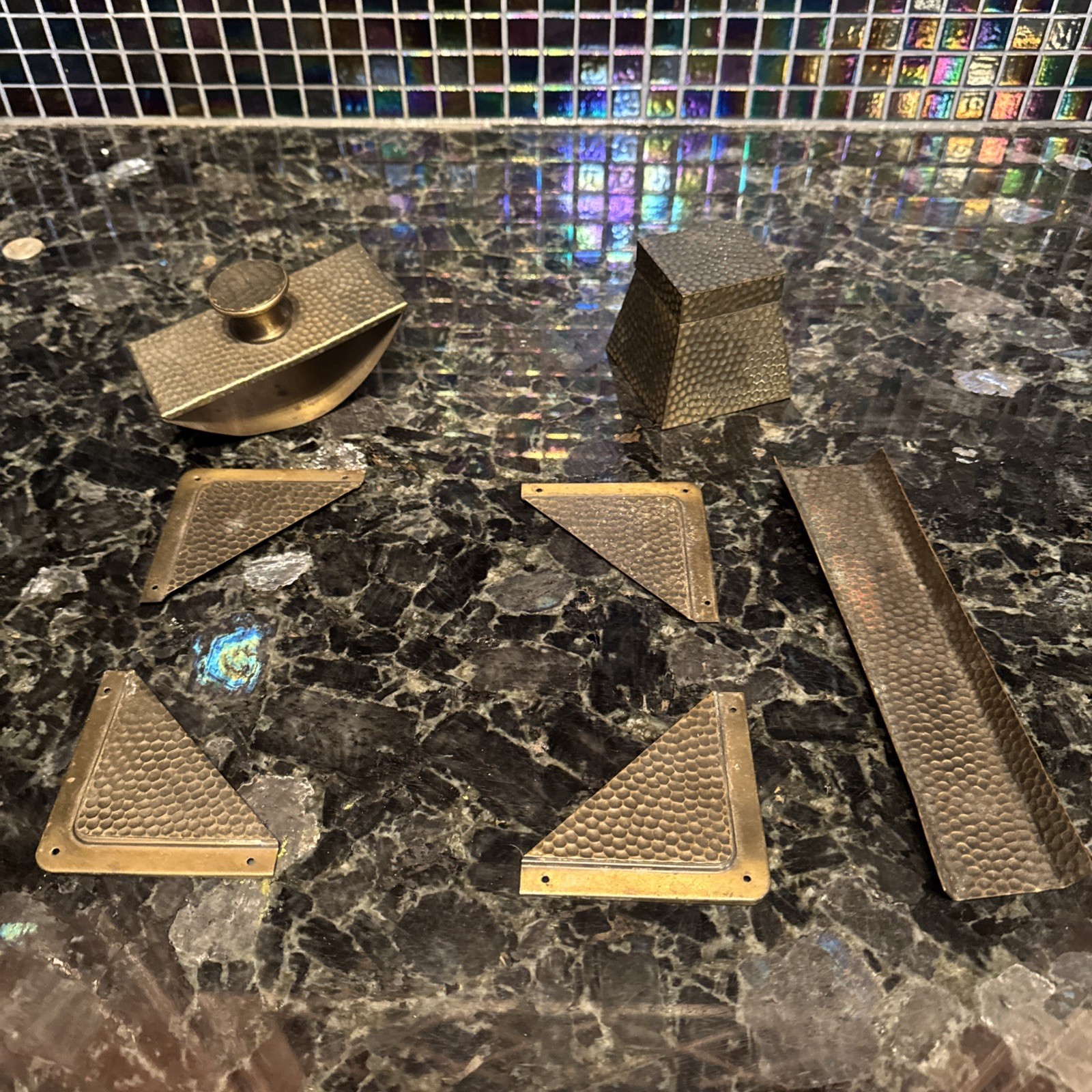 Vntg Signed S.W. FARBER NEW YORK Hammered Brass 7-piece Desk Set ART DECO EUC